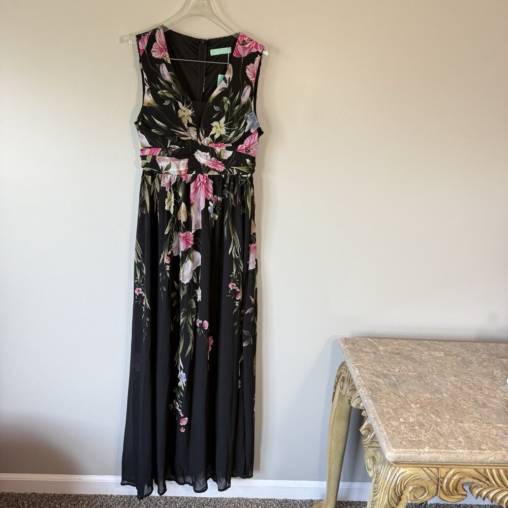 Toleen Black Floral Maxi Dress Chiffon Lined V-neck Small Evening Formal New